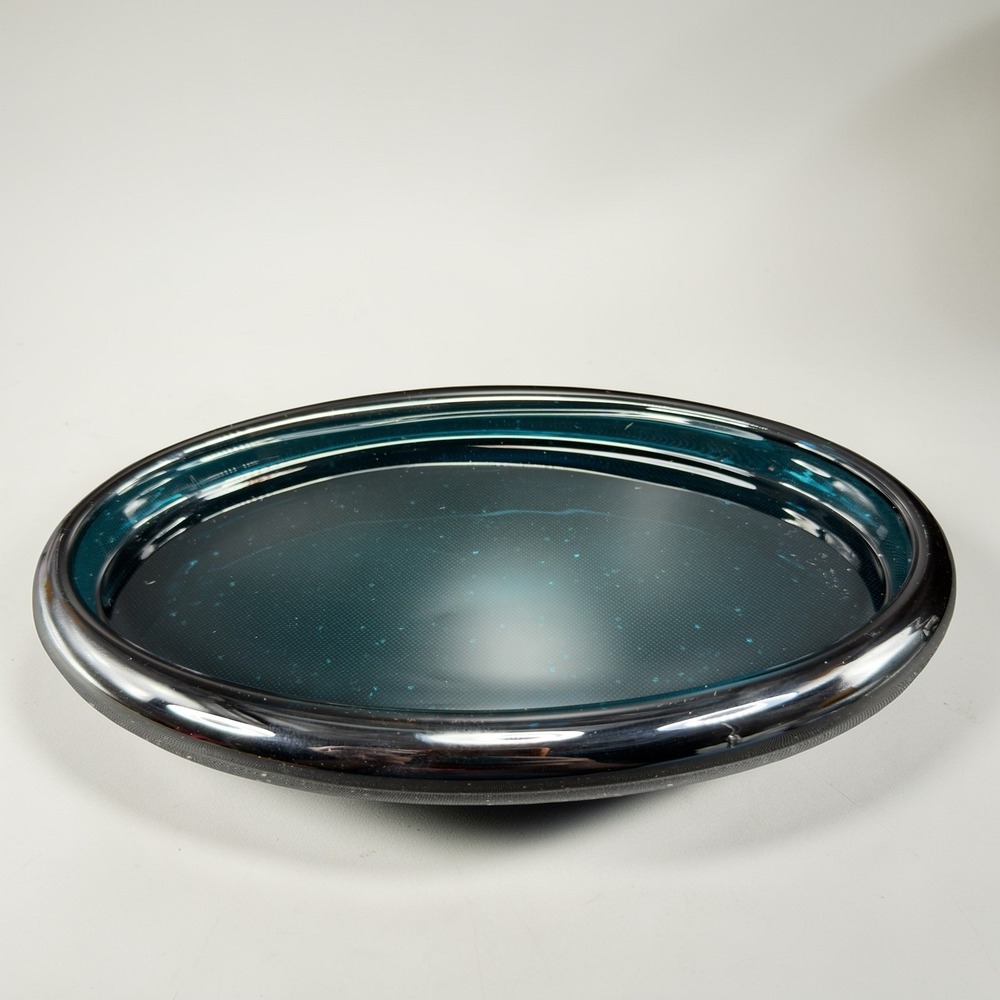 Vintage‎ Teal Blue Art Glass Oval Catchall Tray MCM Peacock Blue Decorative Dish